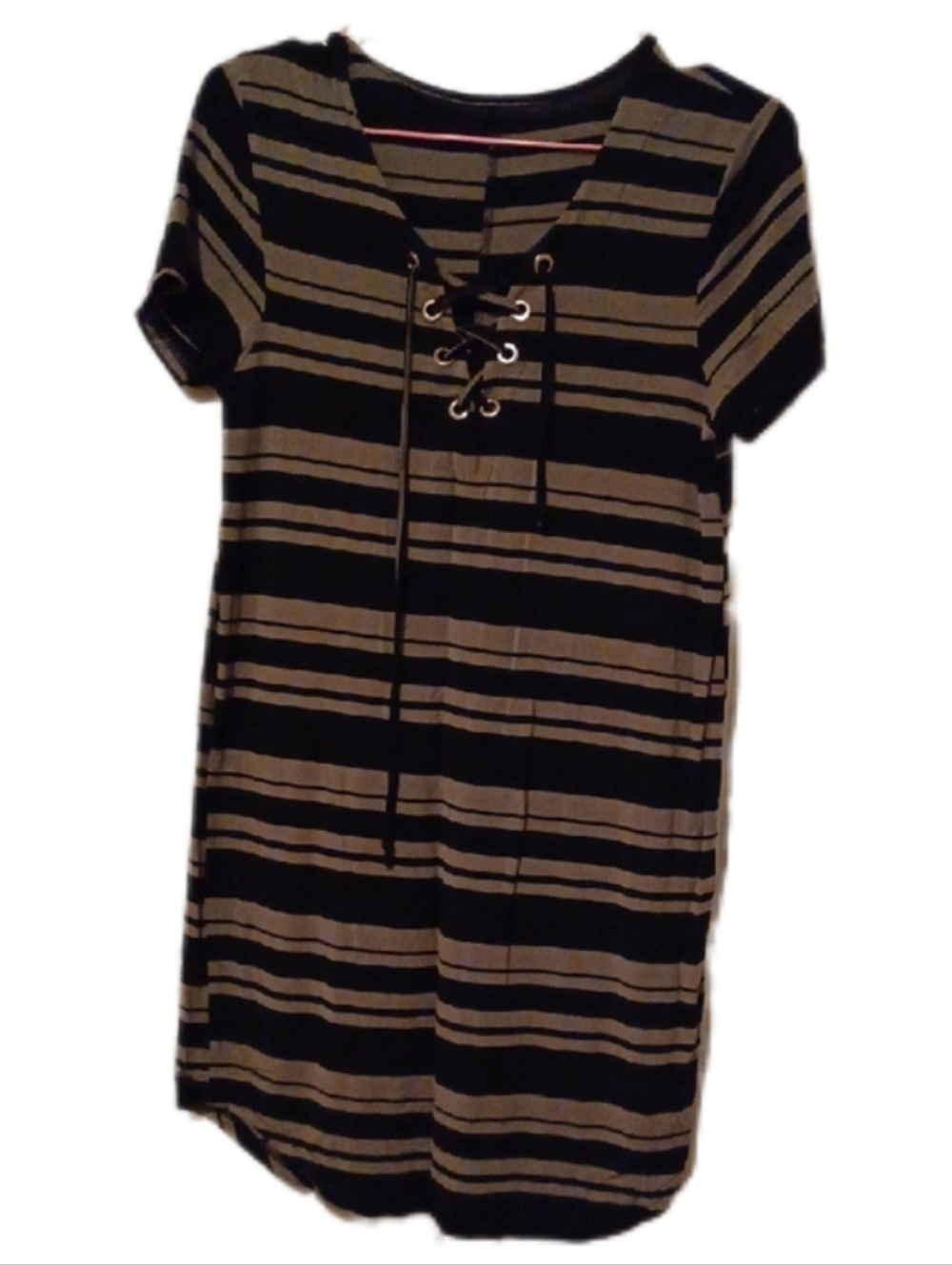 - Striped Lace-Up Short Sleeve Dress - Black and Olive Women's Size Small
